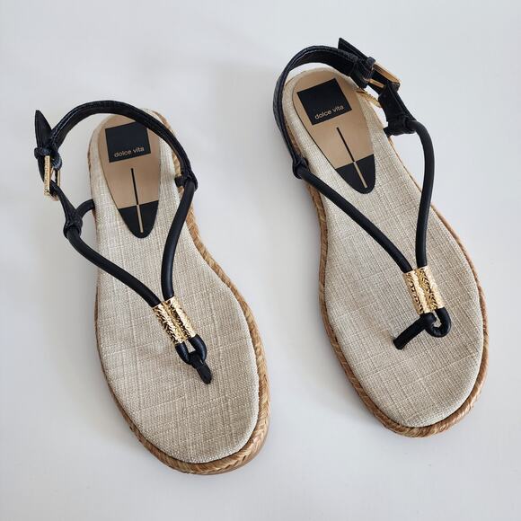 Dolce Vita Meryl Sandals Black & Tan w Gold Tone Hardware Raffia Detail Size 7.5 - Picture 5 of 6